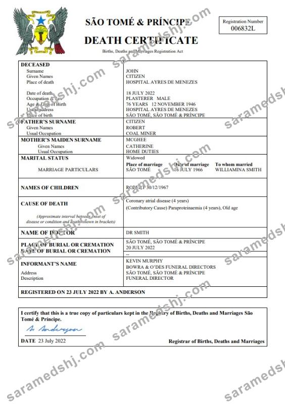 Sao Tome and Principe vital record death certificate Word and PDF template
